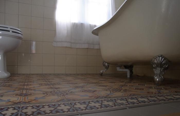 A period octagon ceramic with cabochons in a Gotland, Sweden bathroom 