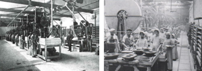 Screw press ‘mass production’ in France c.1910. Note the individual tile moulds with workers producing two tiles at a time