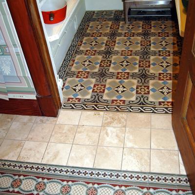 A stunning art nouveau floor in a kitchen in Brooklyn