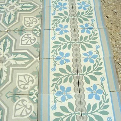 c.1905 large French ceramic encaustic tile floor in grey and mint green