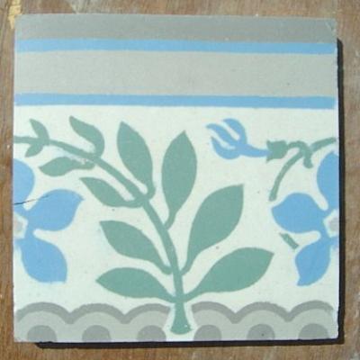 c.1905 large French ceramic encaustic tile floor in grey and mint green