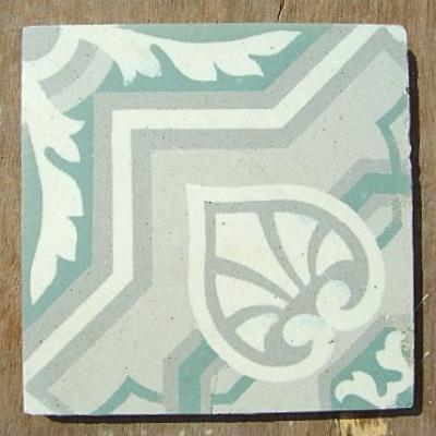 c.1905 large French ceramic encaustic tile floor in grey and mint green