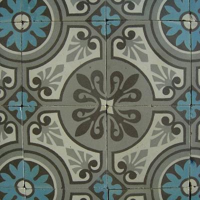 A 32m2+ / 350 sq ft antique ceramic floor in mid grey, blue and cream