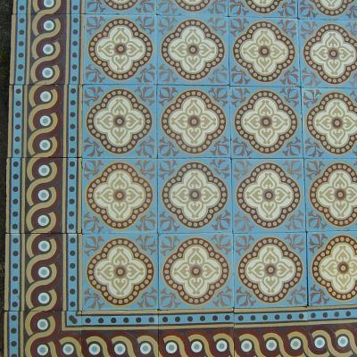 11m2 ceramic encaustic tile floor in cornflower blue with original borders