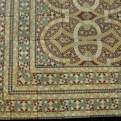 Large ornate mosaic themed ceramic encaustic floor with four borders