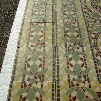 Large ornate mosaic themed ceramic encaustic floor with four borders