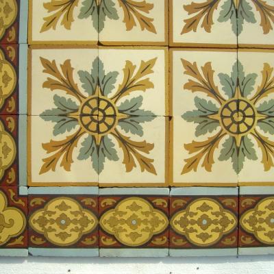 12m2+ of antique Boch Freres ceramic tiles with moorish themed borders 