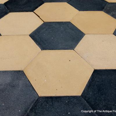 15m2+ / 160 sq ft of antique ceramic black and cream hexagon tiles c.1915-1920