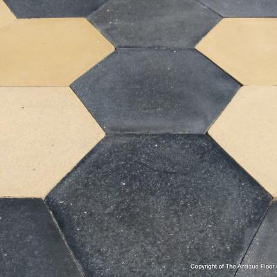 15m2+ / 160 sq ft of antique ceramic black and cream hexagon tiles c.1915-1920