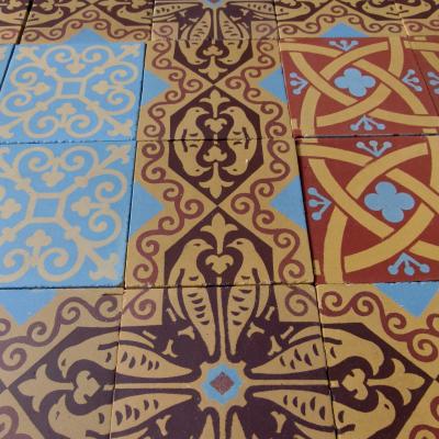 16.75m2 French ceramic floor featuring six different tiles c.1900-1930