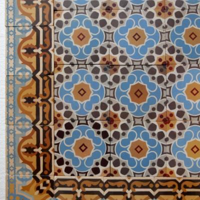 18.75m2+ Bold antique French ceramic floor in blues and yellows 