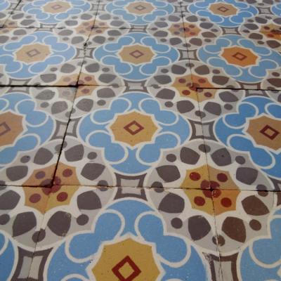 18.75m2+ Bold antique French ceramic floor in blues and yellows 