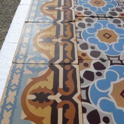 18.75m2+ Bold antique French ceramic floor in blues and yellows 