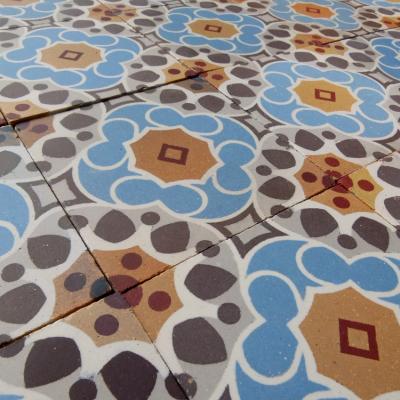 18.75m2+ Bold antique French ceramic floor in blues and yellows 