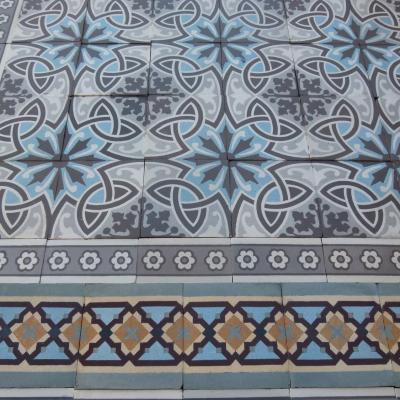 Large c.23 m2, antique Boch Freres ceramic floor with triple borders